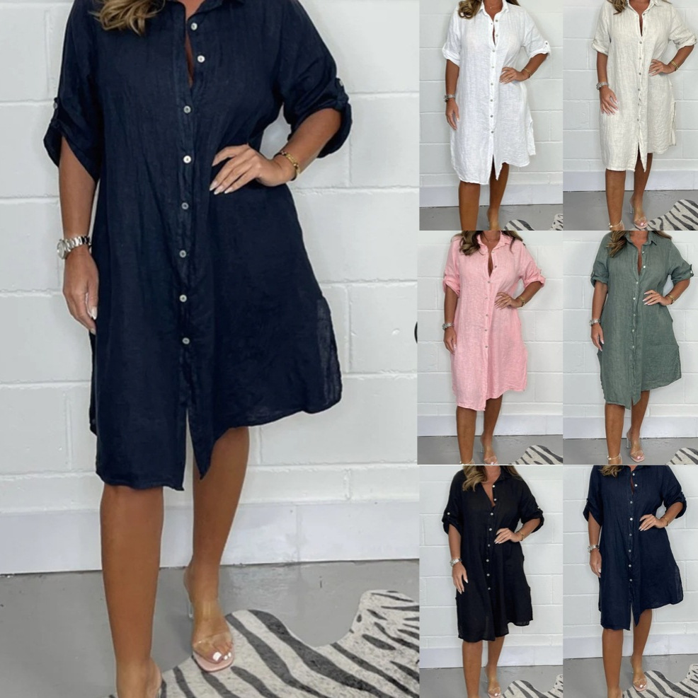Spring Summer Linen 3/4 Sleeve - Casual Loose Linen Shirt Dress 评论和价格