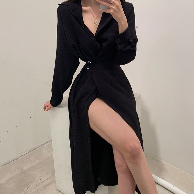 Long Sleeved Lapel Shirt Style - Korean Style A Line Shirt Dress 评论和价格