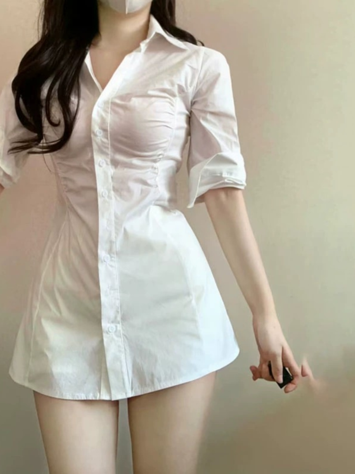 Sexy Pleated Waist-Cinching Sh - Korean Style A Line Shirt Dress 评论和价格