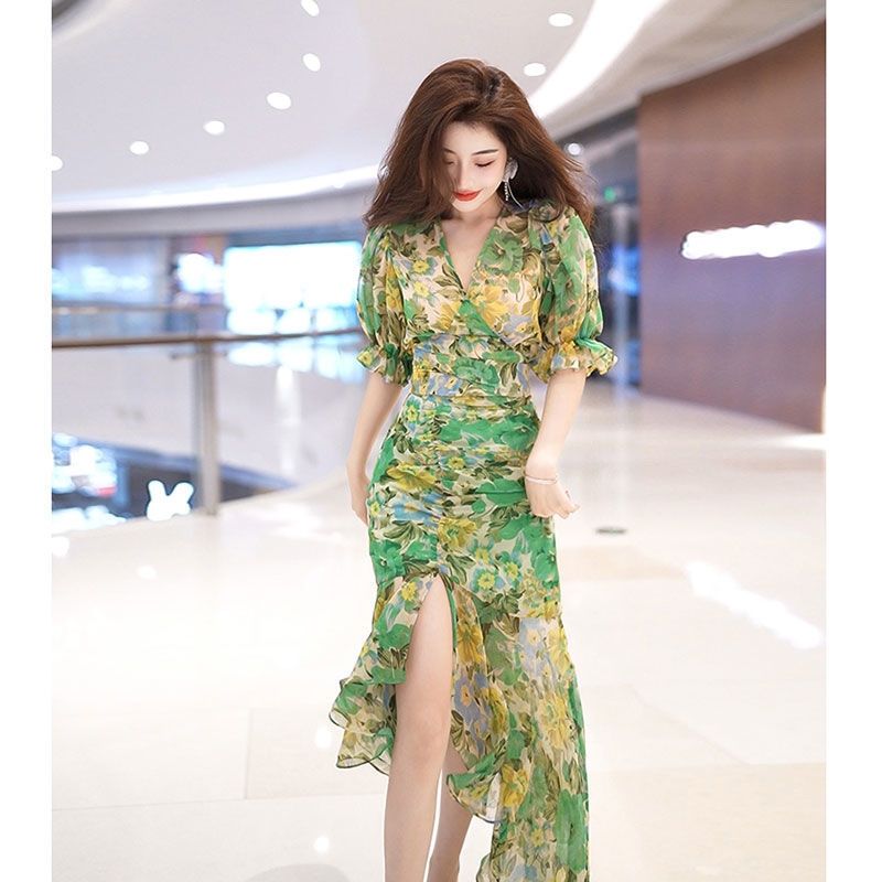 New Summer Fashion Style Waist - French Vintage Floral Midi Dress 评论和价格