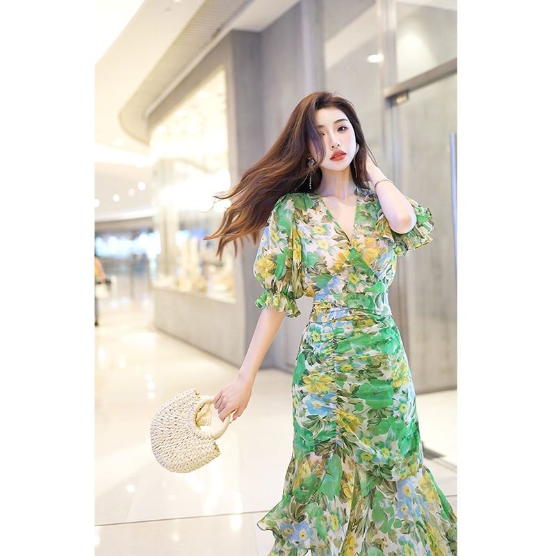 New Summer Fashion Style Waist - French Vintage Floral Midi Dress 评论和价格