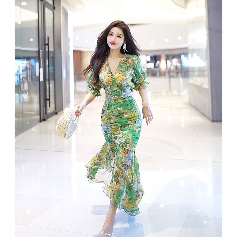 New Summer Fashion Style Waist - French Vintage Floral Midi Dress 评论和价格