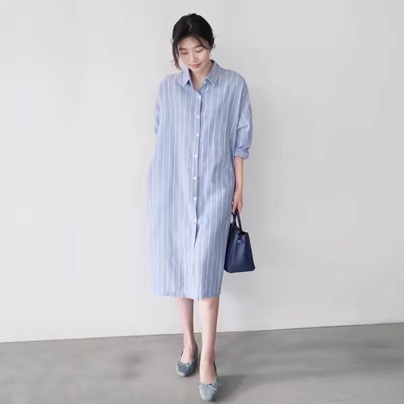 Blue Striped Shirt Dress Women - Korean Style A Line Shirt Dress 评论和价格