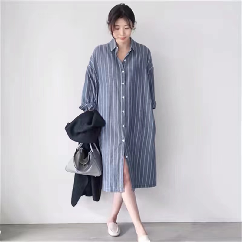 Blue Striped Shirt Dress Women - Korean Style A Line Shirt Dress 评论和价格