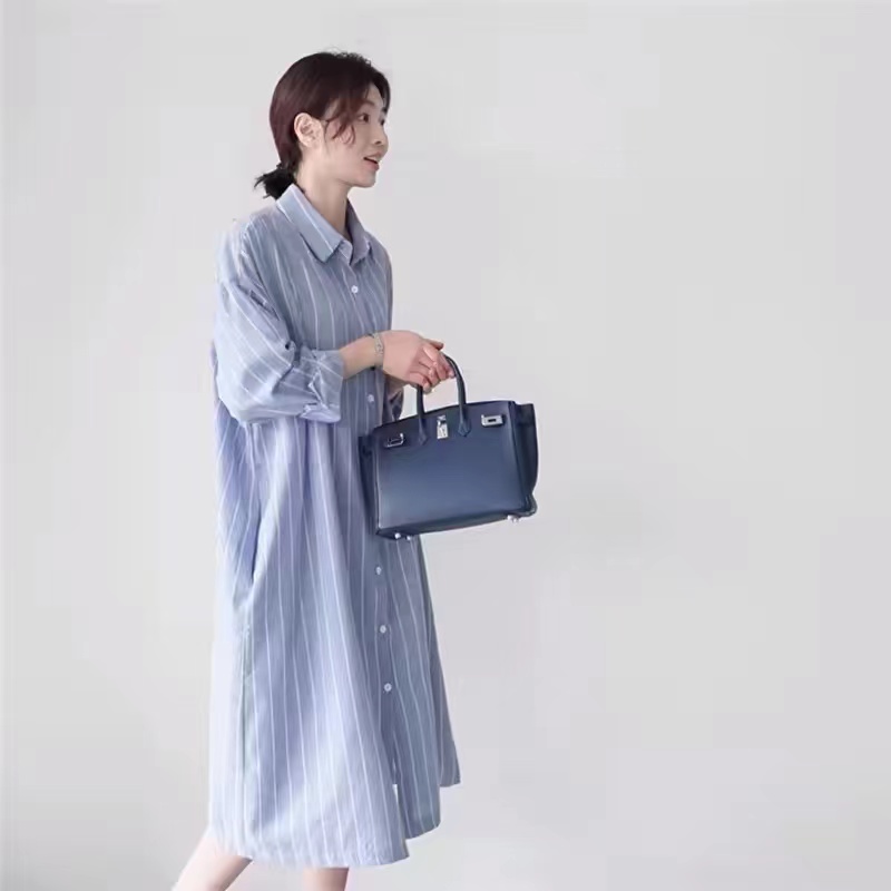 Blue Striped Shirt Dress Women - Korean Style A Line Shirt Dress 评论和价格
